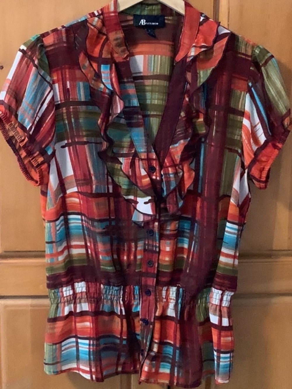 AB Studio Red/Orange Plaid Blouse Size Medium